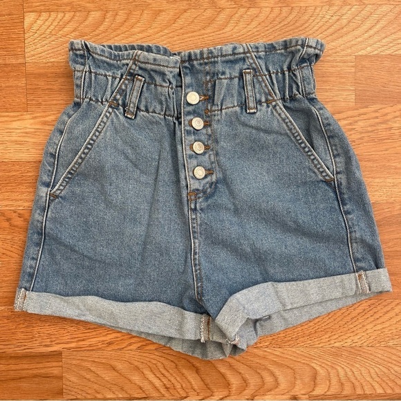 TOPSHOP Paper Bag High Waist Button Fly Blue Denim Shorts Size 2 - Picture 1 of 4
